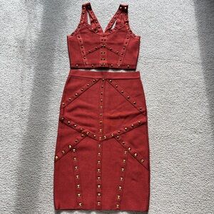 Bebe 2 Piece Bandage BodyCon Outfit Dress Crop Top Skirt Dark Red Havana Brown